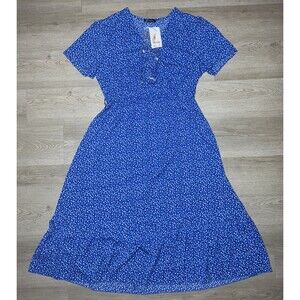 NWT Pretty Garden Maxi Dress XL Blue Elastic Waist Ditzy Floral V Neck